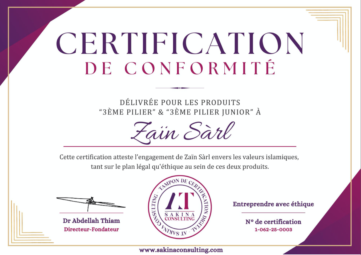 Certificat de conformité Sakina Consulting pour Zaïn