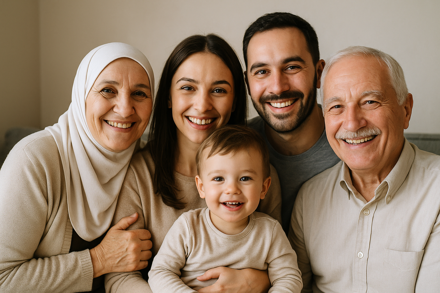 Famille multigénérationnelle heureuse représentant les valeurs familiales de Zaïn
